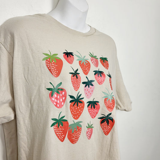 COWN1 - Beige custom made strawberry t-shirt. Size large