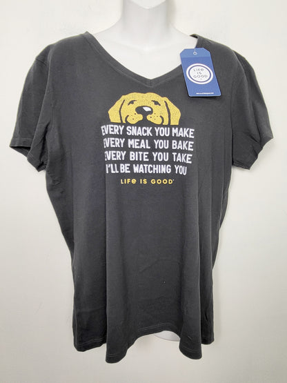 JJON2 - NEW - Life is Good grey v-neck "Crusher" tee with dog. Size large