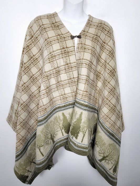 AGLL2 - Plaid fleece blanket poncho with forest trim. One size fits all