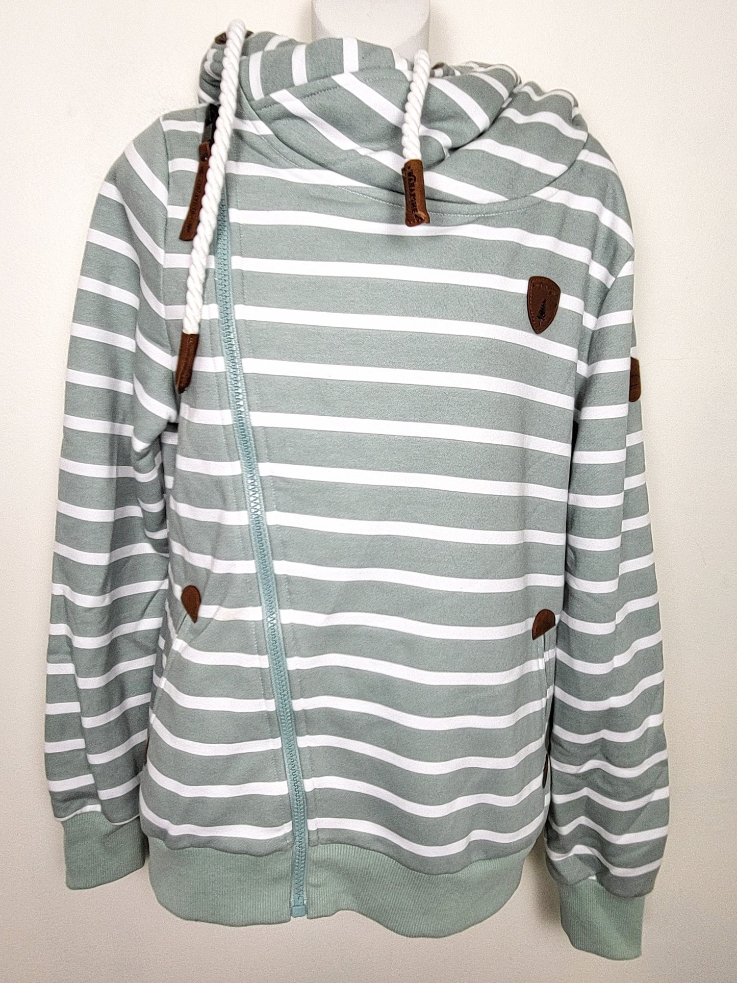 KHW1 - Wanakome Artemis hoodie in green bay striped pattern. Size medium