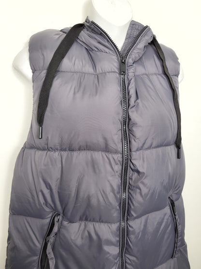 KHW2 - B. Young grey full length hooded puffer vest. Size 36 (Small)