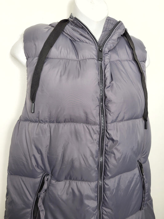KHW2 - B. Young grey full length hooded puffer vest. Size 36 (Small)