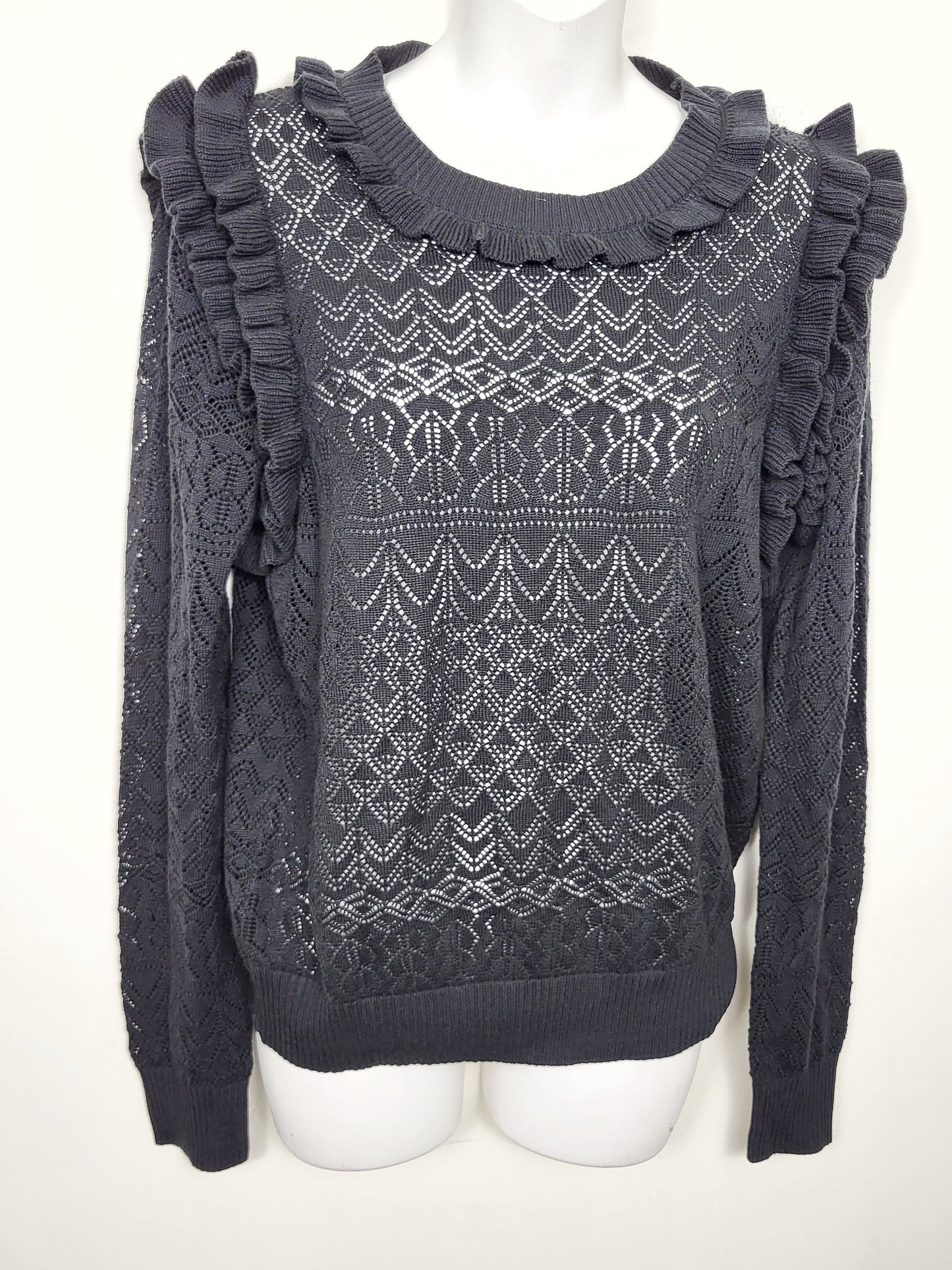 KHW2 - Bohme black open knit sweater with ruffles. Size large (measures as a medium)