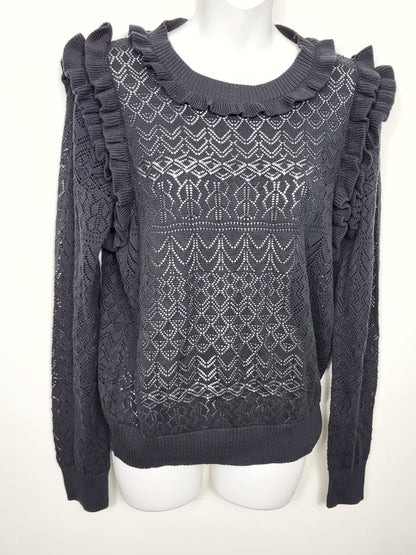 KHW2 - Bohme black open knit sweater with ruffles. Size large (measures as a medium)