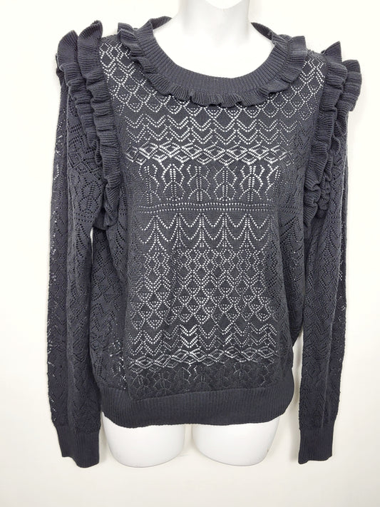 KHW2 - Bohme black open knit sweater with ruffles. Size large (measures as a medium)
