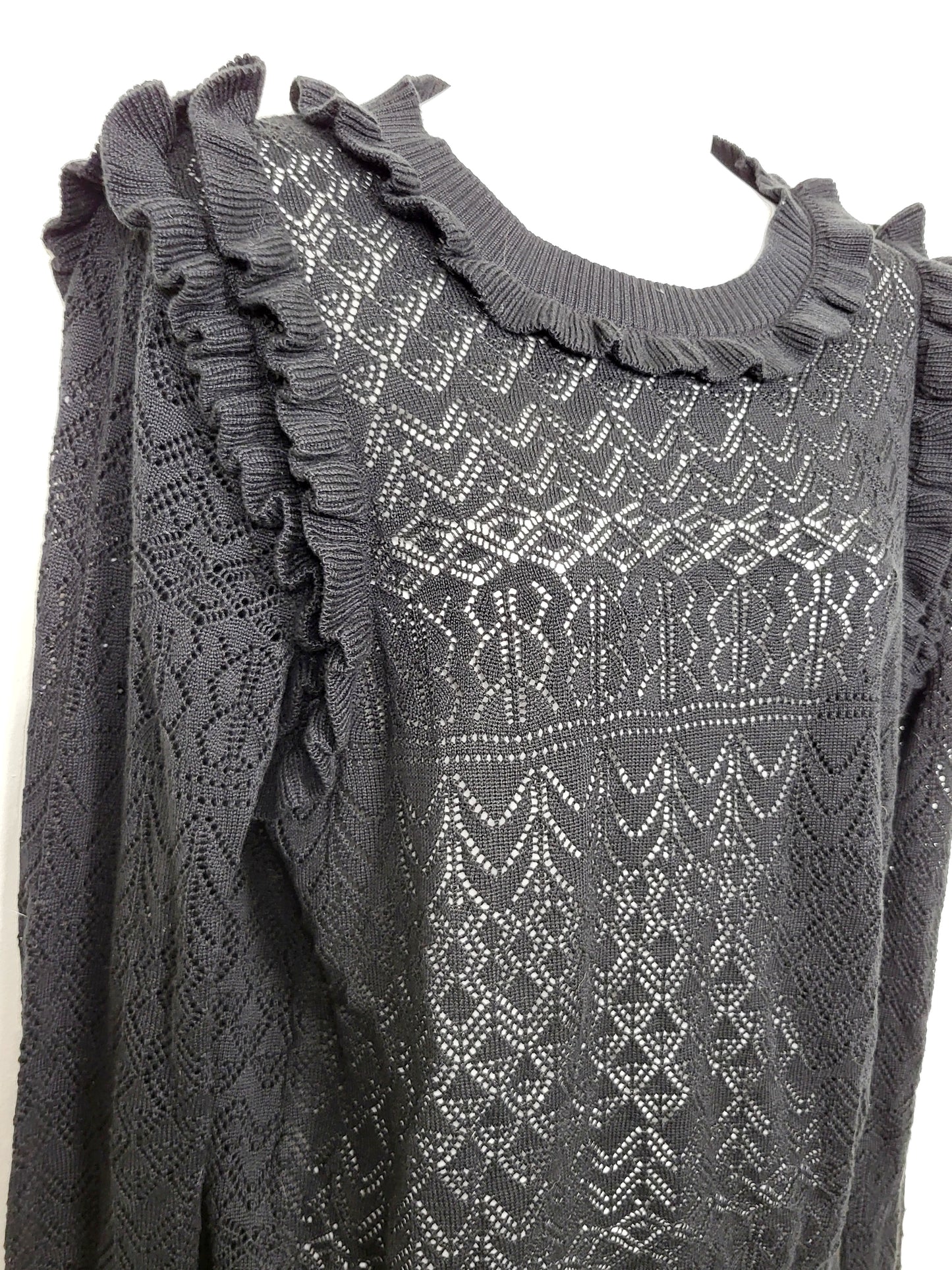 KHW2 - Bohme black open knit sweater with ruffles. Size large (measures as a medium)