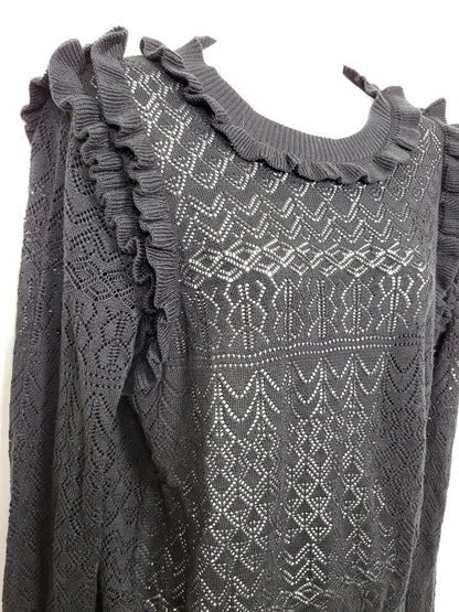 KHW2 - Bohme black open knit sweater with ruffles. Size large (measures as a medium)