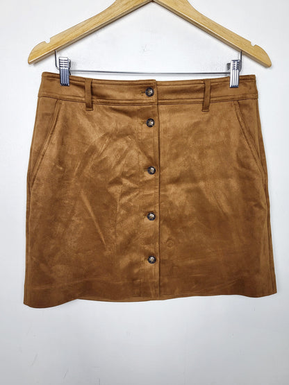 JLMB1 - RW and Co. tan faux suede button down A-line mini skirt. Size 8