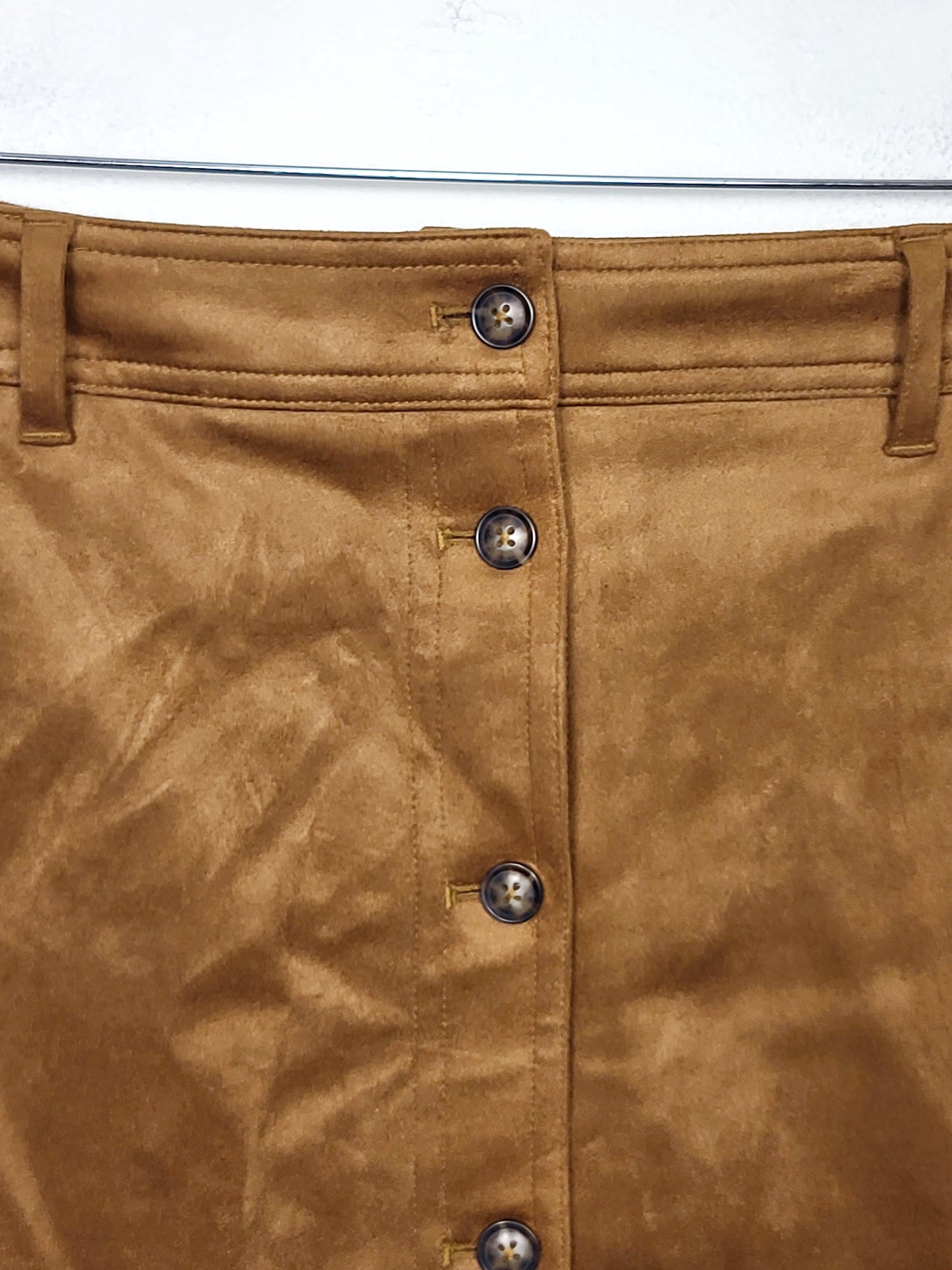 JLMB1 - RW and Co. tan faux suede button down A-line mini skirt. Size 8
