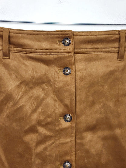 JLMB1 - RW and Co. tan faux suede button down A-line mini skirt. Size 8