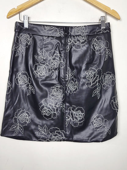 JLMB1 - RW and Co black floral embroidered faux leather mini skirt. Size 8