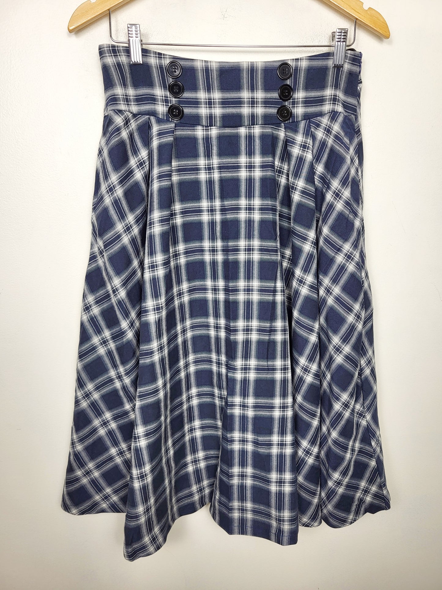 JLMB2 -Belle Poque blue plaid vintage inspired midi A-line swing skirt. Size large