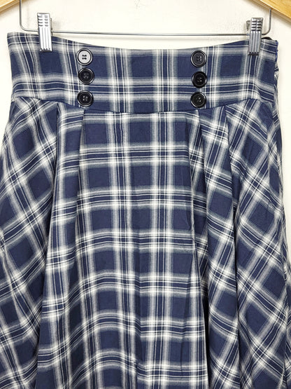 JLMB2 -Belle Poque blue plaid vintage inspired midi A-line swing skirt. Size large