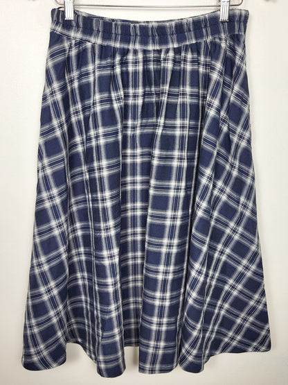 JLMB2 -Belle Poque blue plaid vintage inspired midi A-line swing skirt. Size large