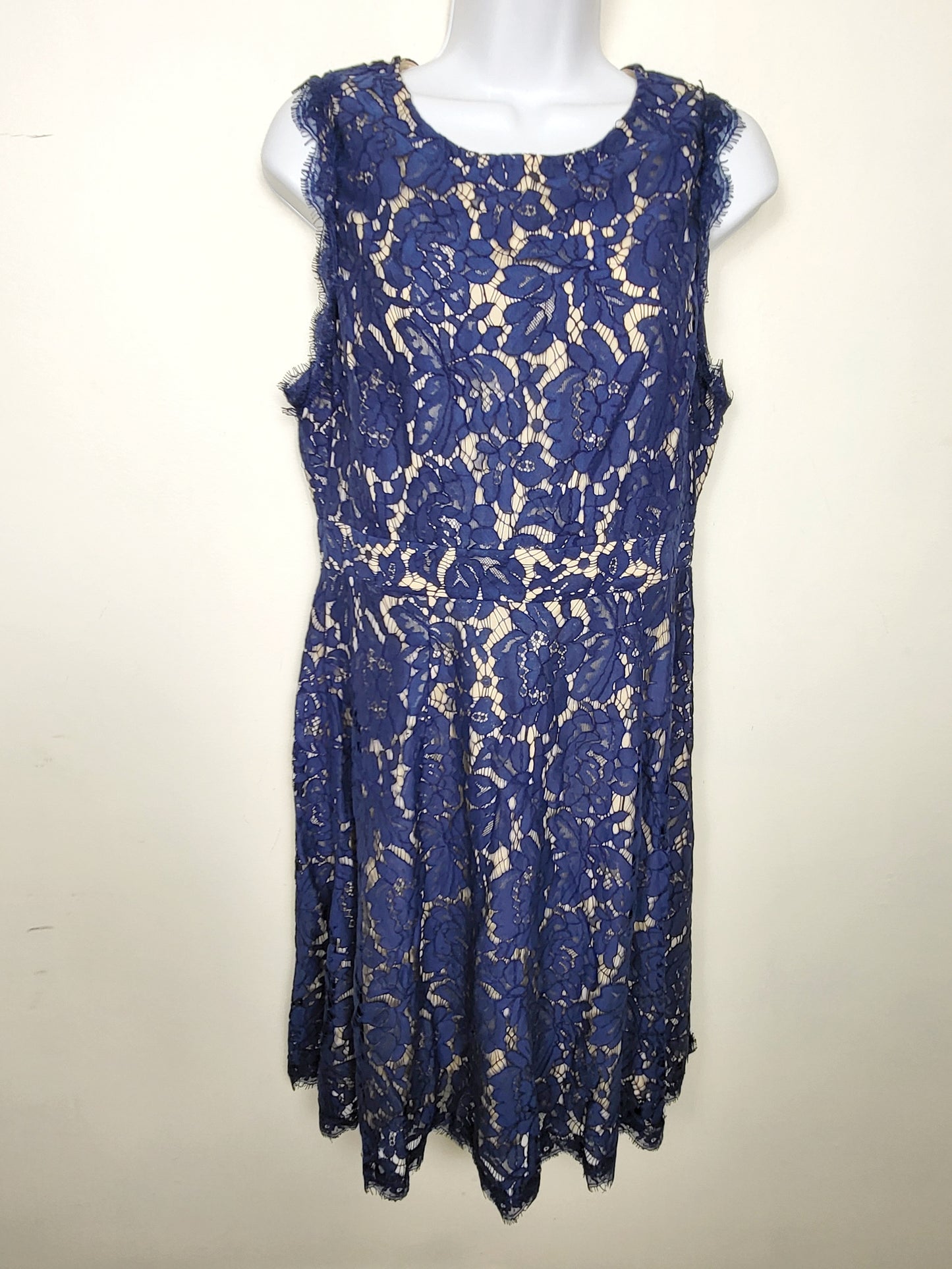 JLMB2 - Darling London blue lacey fit and flare sleeveless midi dress. Size 12