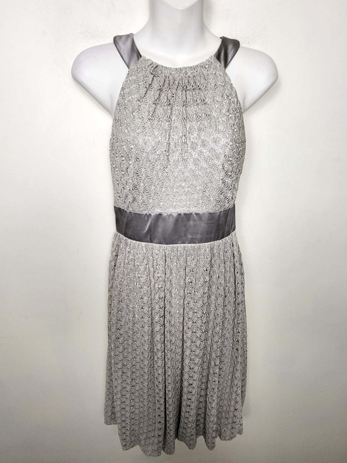 JLMB2 - London Times open knit mid dress with satin halter neckline. Size 8