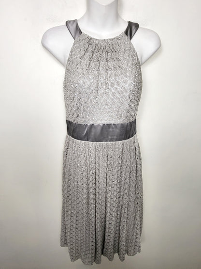 JLMB2 - London Times open knit mid dress with satin halter neckline. Size 8
