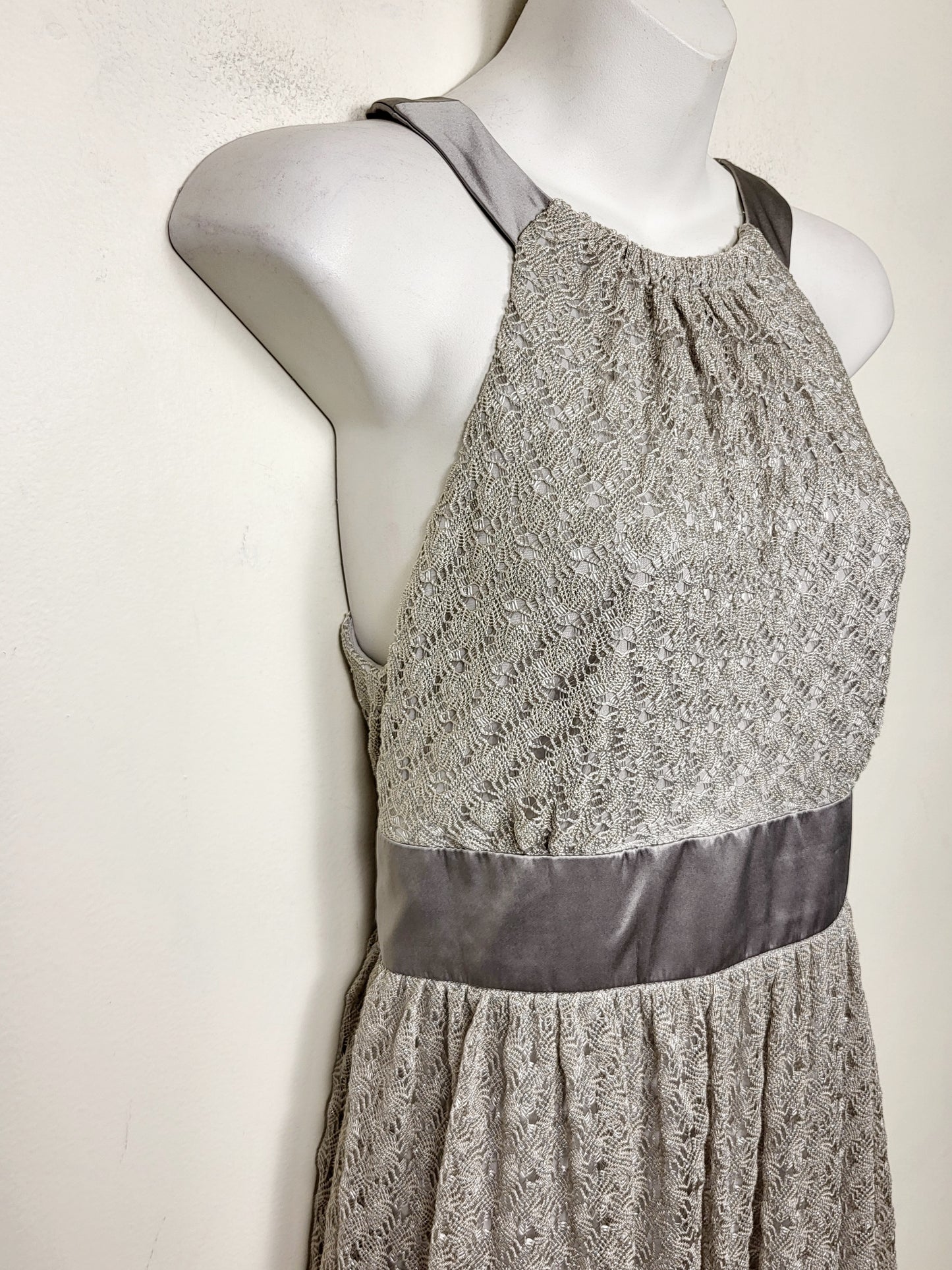 JLMB2 - London Times open knit mid dress with satin halter neckline. Size 8