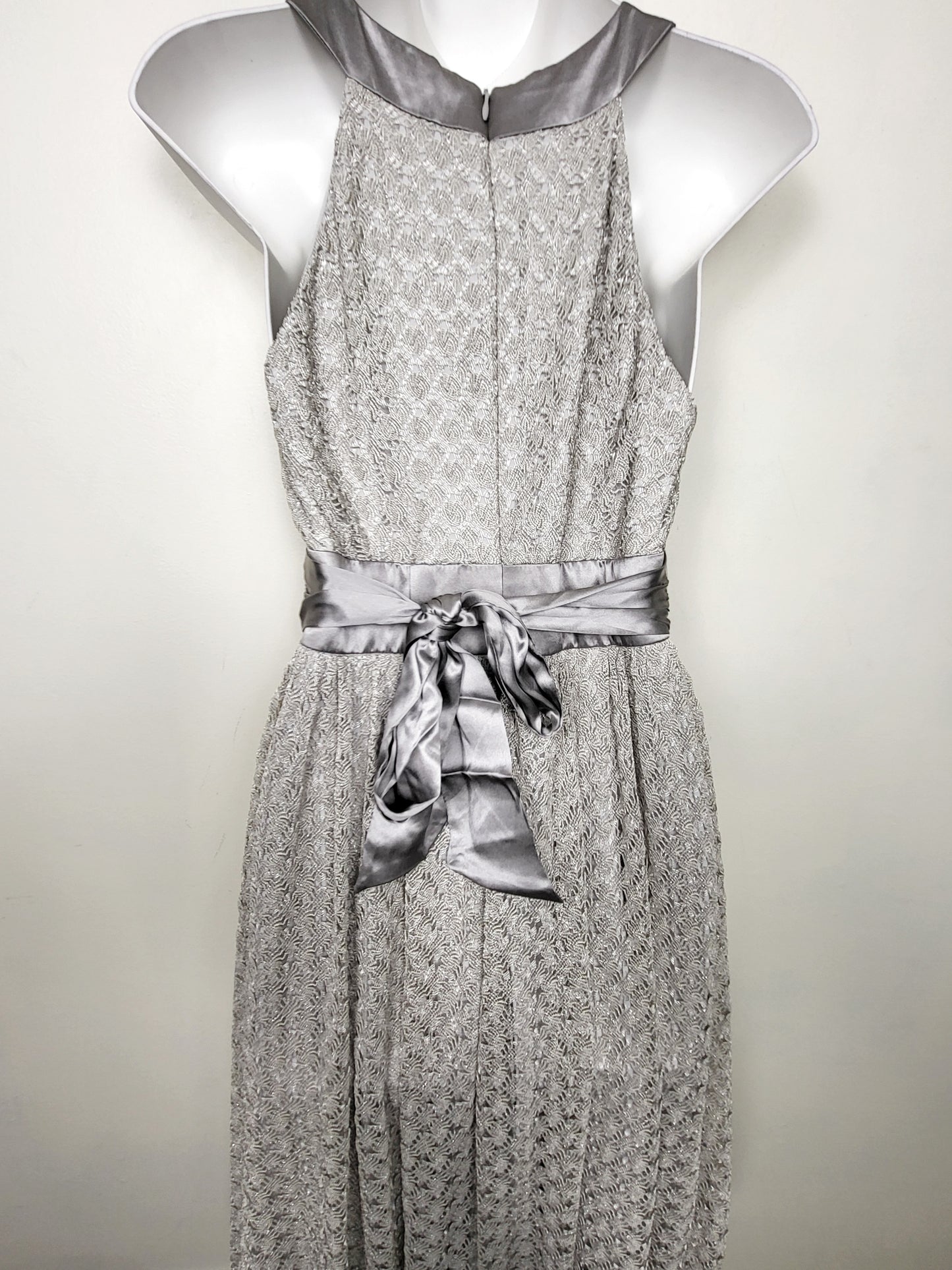 JLMB2 - London Times open knit mid dress with satin halter neckline. Size 8