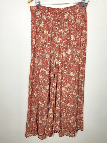 BRNA - Chai Fashions burnt orange floral patterned wide leg silk palazzo pants. Size medium