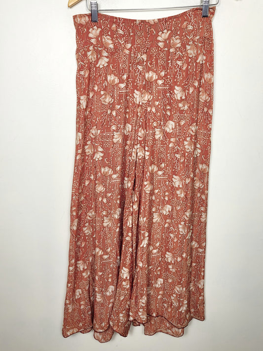 BRNA - Chai Fashions burnt orange floral patterned wide leg silk palazzo pants. Size medium