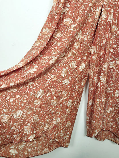 BRNA - Chai Fashions burnt orange floral patterned wide leg silk palazzo pants. Size medium