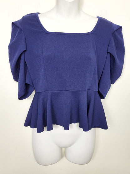 CHSP3 - Illi London navy puff sleeve peplum top. Size medium