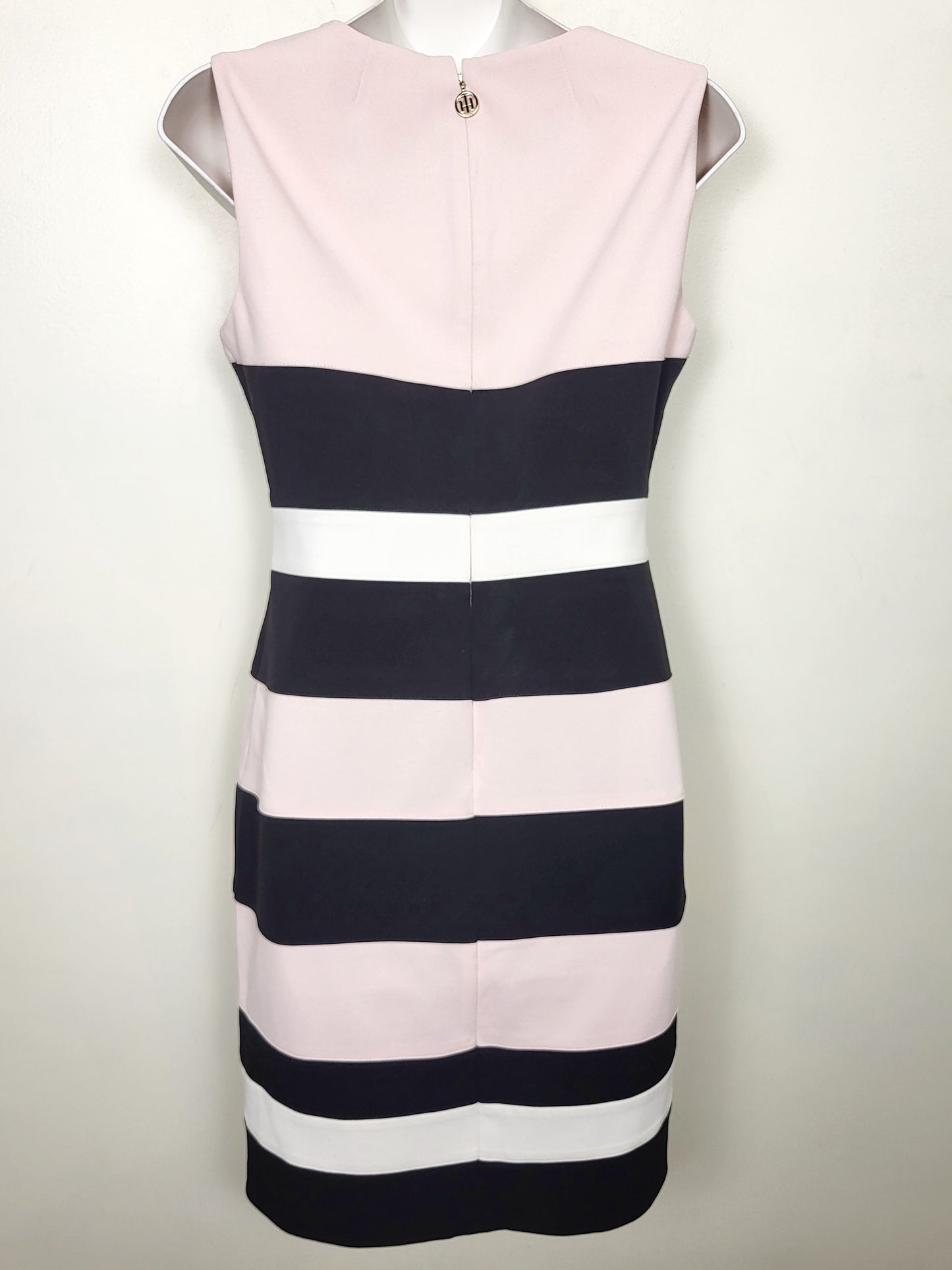 CHSP3 - Tommy Hilfiger black, pink, striped colour block sheath dress. Size 4
