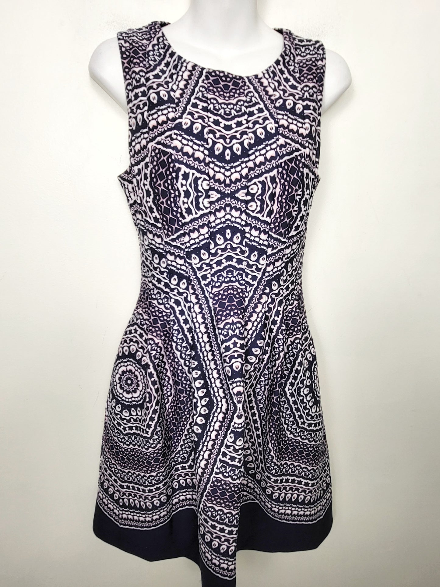 CHSP3 - Vince Camuto navy and pink patterned fit and flare dress. Size 6