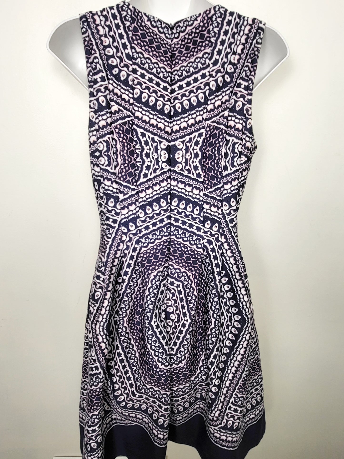 CHSP3 - Vince Camuto navy and pink patterned fit and flare dress. Size 6