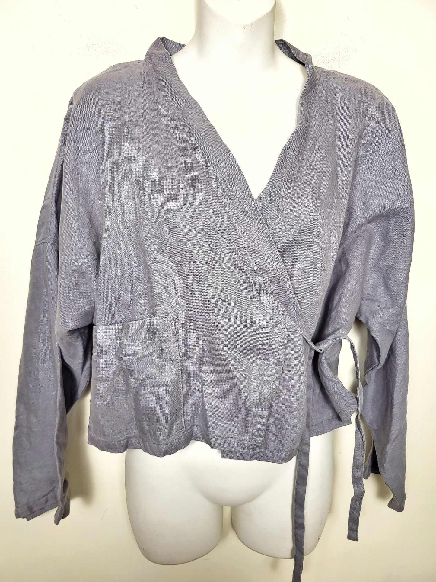 Nomi Design grey linen wrap top. Size medium