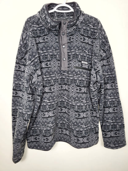 Columbia Helvetia II grey and black pattern half snap fleece pullover. Unisex size XXL