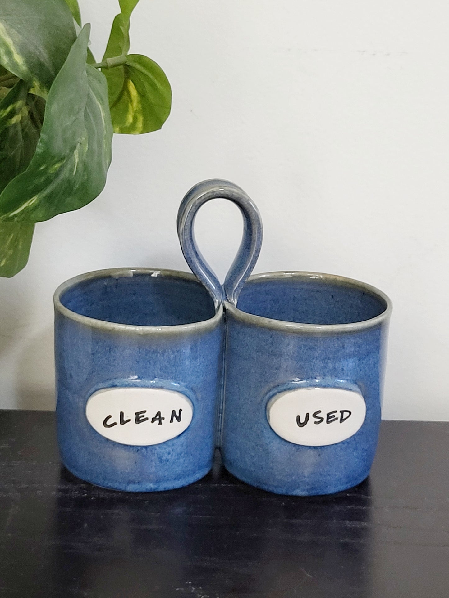Blue handmade handled "Clean/Dirty" ceramic utensil holder (sorry, no shipping)