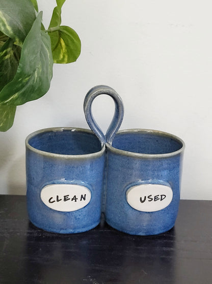 Blue handmade handled "Clean/Dirty" ceramic utensil holder (sorry, no shipping)
