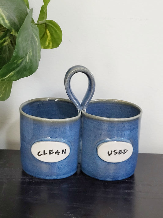 Blue handmade handled "Clean/Dirty" ceramic utensil holder (sorry, no shipping)