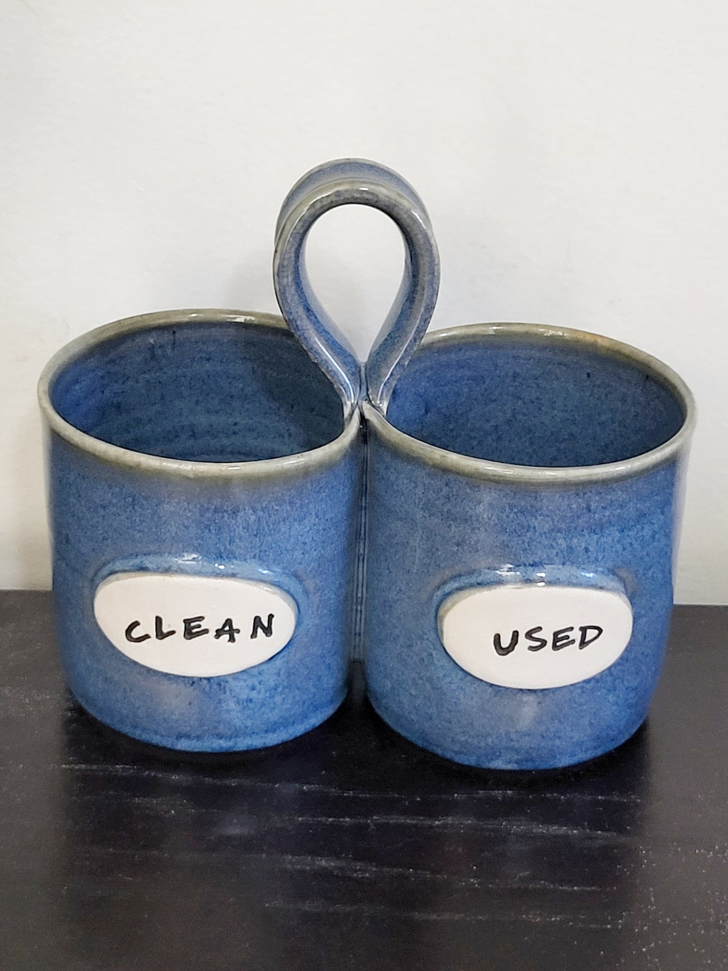 Blue handmade handled "Clean/Dirty" ceramic utensil holder (sorry, no shipping)