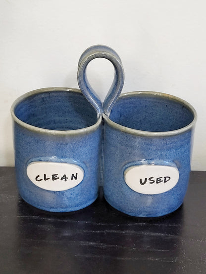 Blue handmade handled "Clean/Dirty" ceramic utensil holder (sorry, no shipping)