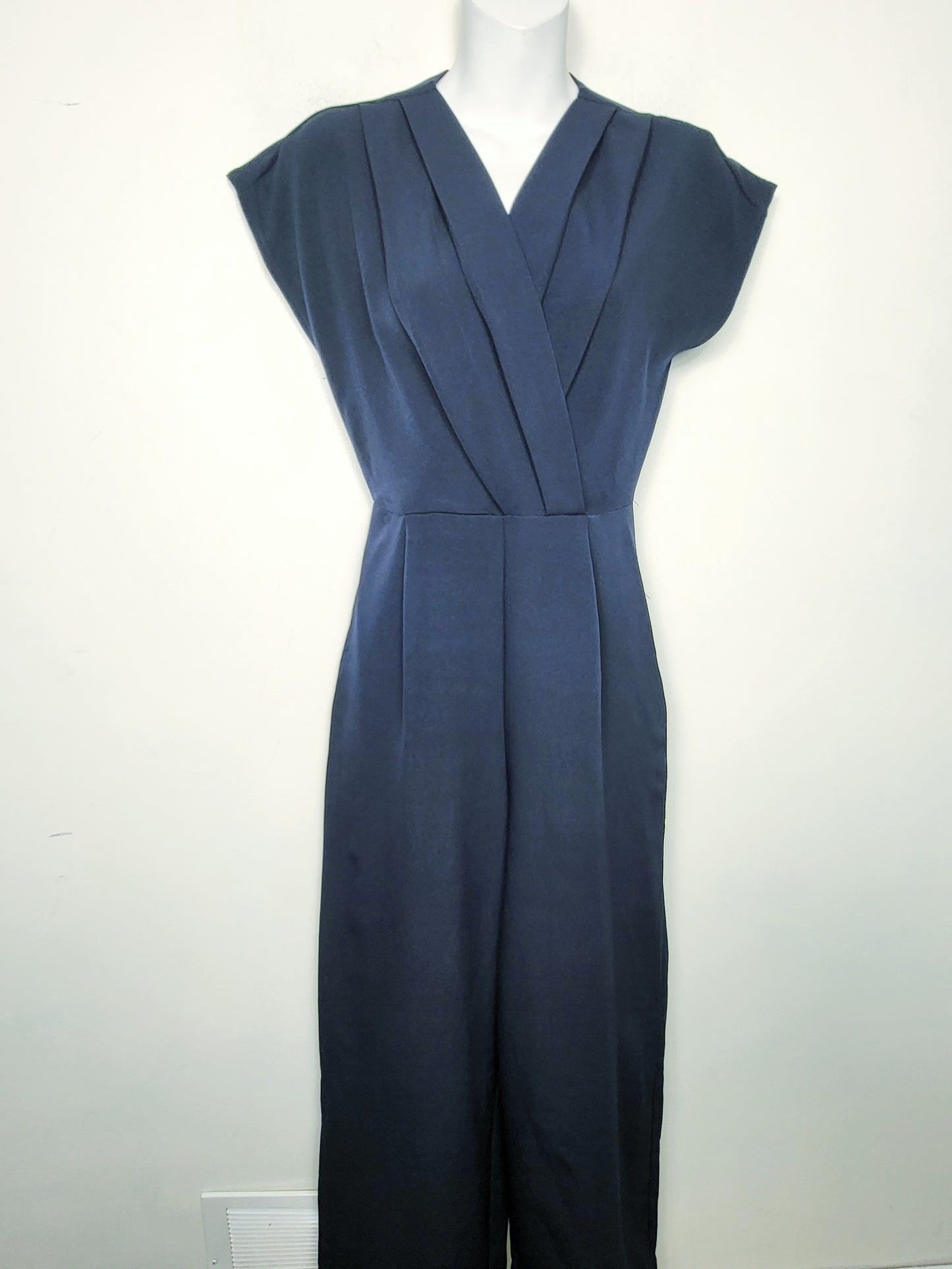 Handmade navy pleated wide leg jumpsuit / romper. Sizes like an XS - READ BELOW