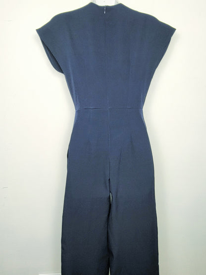 Handmade navy pleated wide leg jumpsuit / romper. Sizes like an XS - READ BELOW