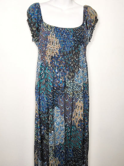 Hypnotik peacock patterned Y2K smocked shift dress. Size XL