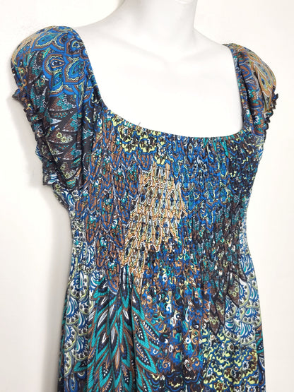 Hypnotik peacock patterned Y2K smocked shift dress. Size XL
