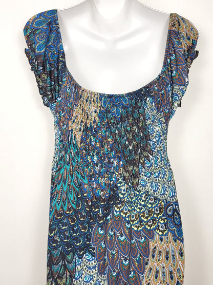Hypnotik peacock patterned Y2K smocked shift dress. Size XL