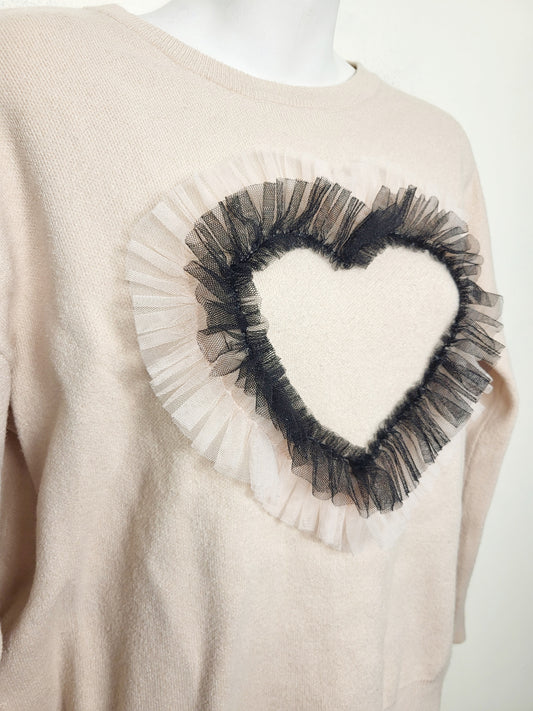 Frank Lyman heart sweater with tulle trim. Size small