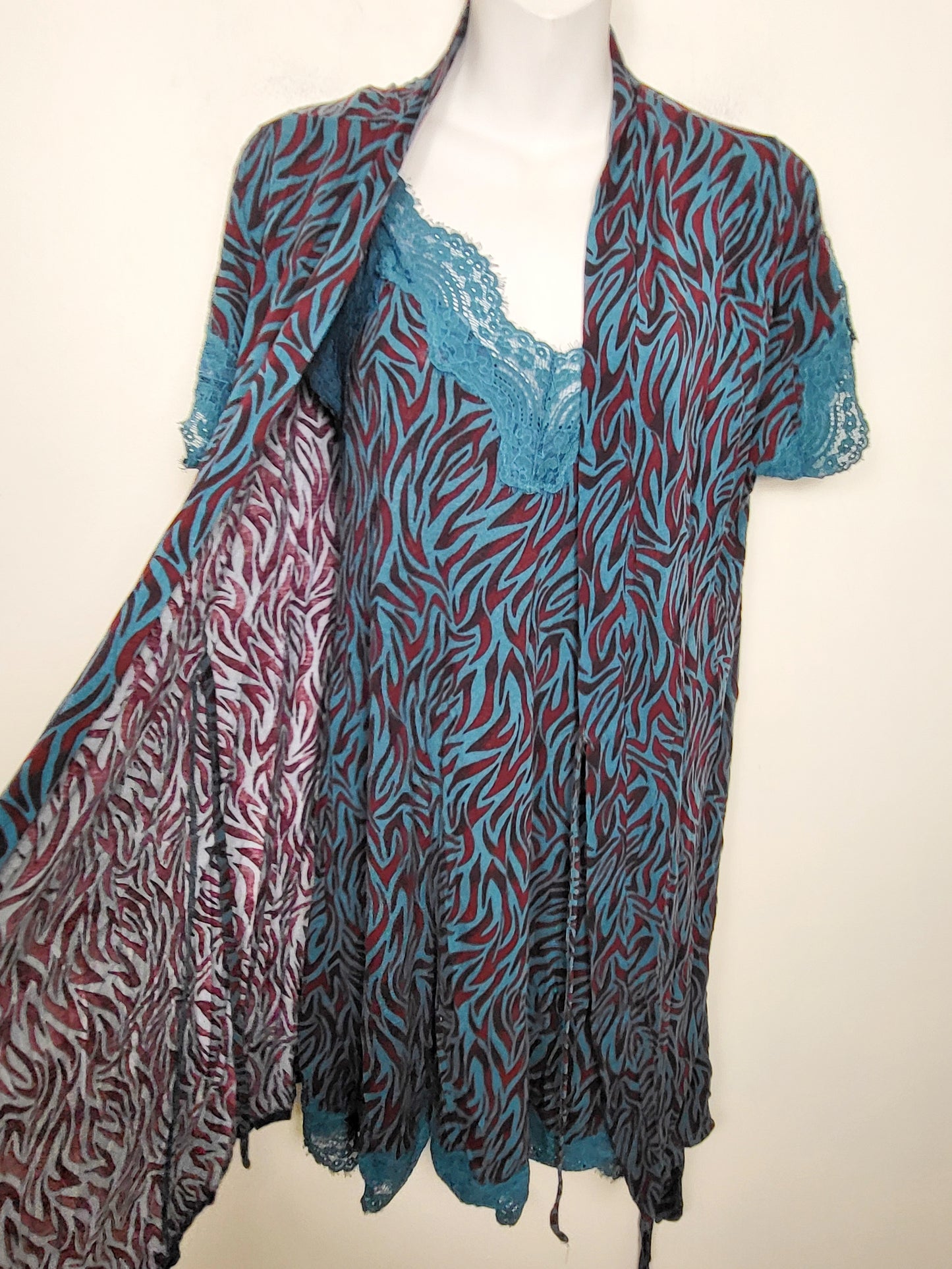ICollection teal and burgundy animal print 2pc nightgown and robe set. Size small