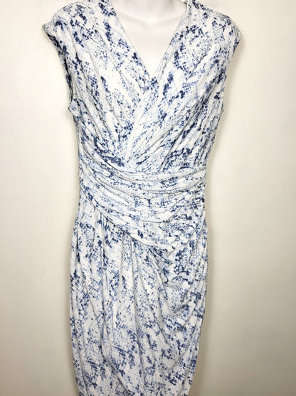 DKNY white and blue floral print ruched midi dress. Size small