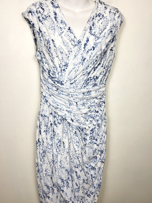 DKNY white and blue floral print ruched midi dress. Size small