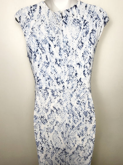 DKNY white and blue floral print ruched midi dress. Size small
