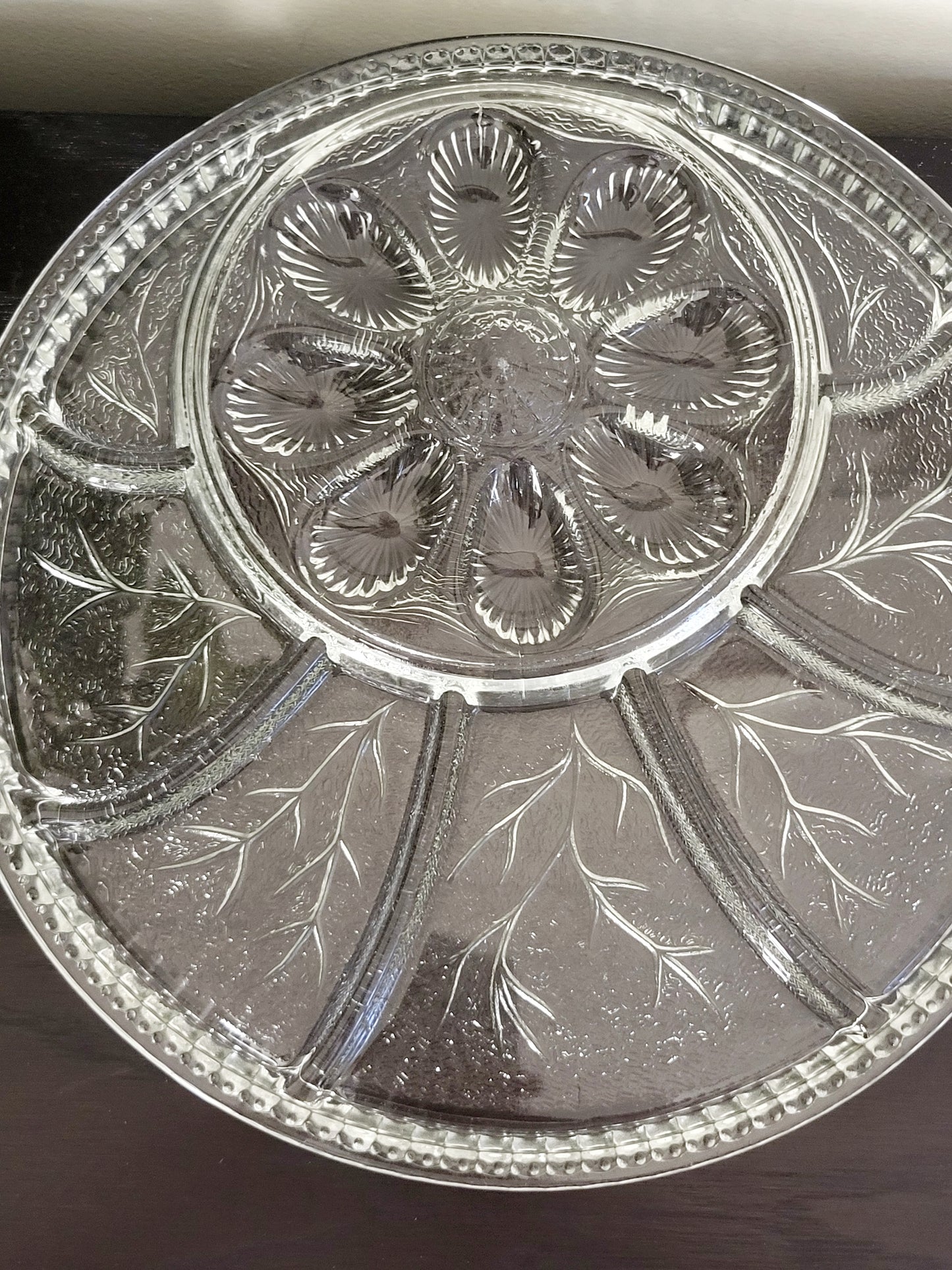 Vintage 1970s Indiana Glass Co. Deviled Egg Clear Glass Divided Heavy Serving Platter Tray (sorry,no shipping) w Pebble Leaf Design Pattern