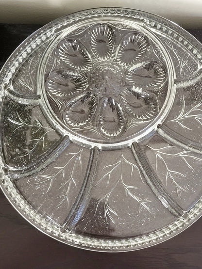 Vintage 1970s Indiana Glass Co. Deviled Egg Clear Glass Divided Heavy Serving Platter Tray (sorry,no shipping) w Pebble Leaf Design Pattern