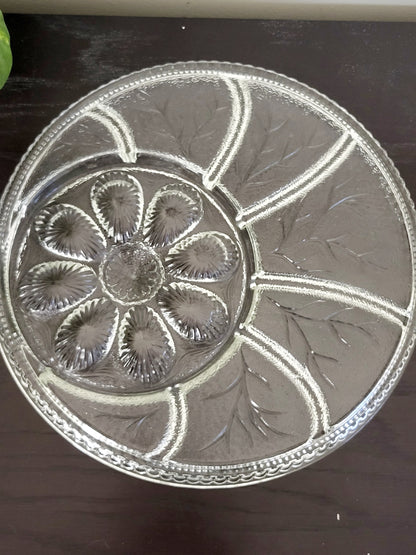 Vintage 1970s Indiana Glass Co. Deviled Egg Clear Glass Divided Heavy Serving Platter Tray (sorry,no shipping) w Pebble Leaf Design Pattern
